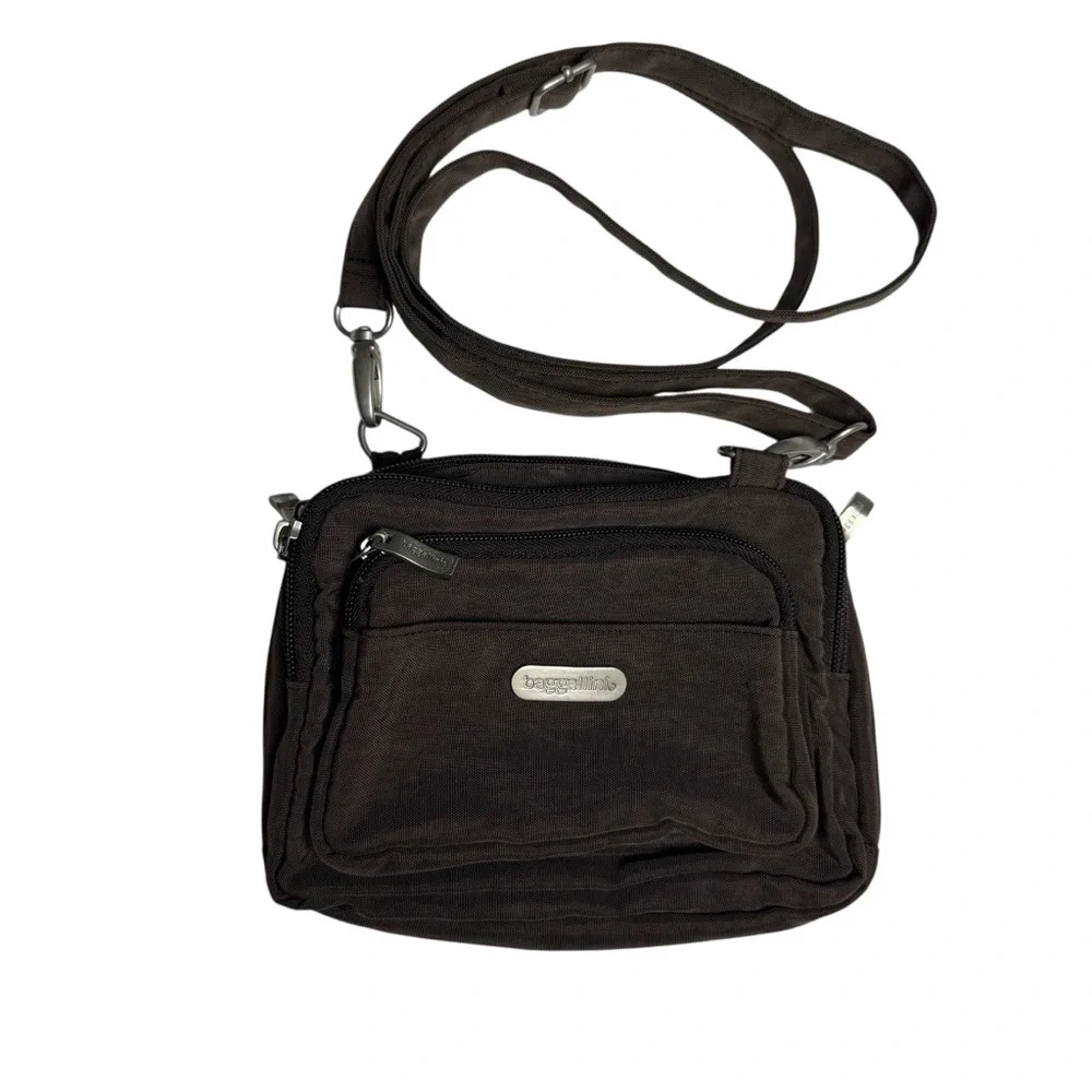 BAGGALLINI The Only Multiple 6-Pocket Brown Nylon Crossbody Travel Bag Purse